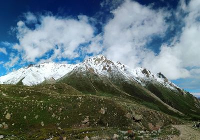 Scenic view of snowcapped mountains against sky
