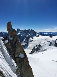 Scenic view of snowcapped mountains against clear blue sky