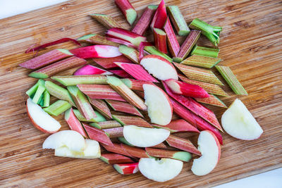 High angle view of chopped vegetables on cutting board