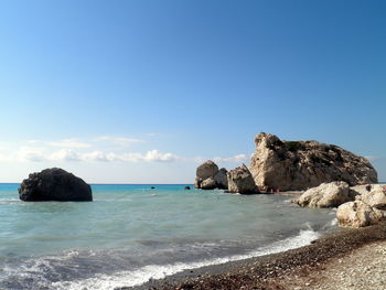 Scenic view of sea against clear blue sky