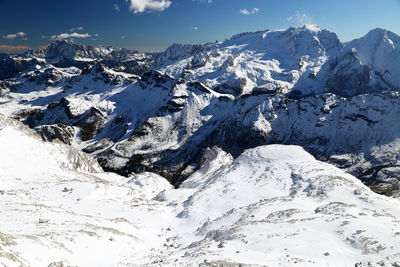 Aerial view of snowcapped mountains against sky