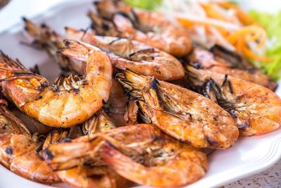 Close-up of seafood on barbecue grill