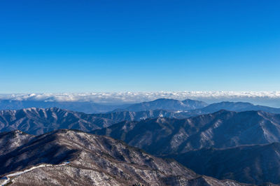 Scenic view of snowcapped mountains against blue sky