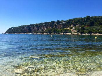 Scenic view of calm sea against clear sky