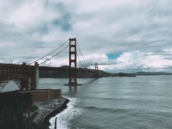 View of suspension bridge against cloudy sky