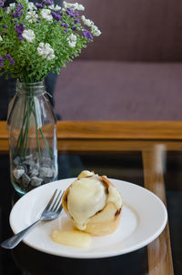 Close-up of dessert served on table