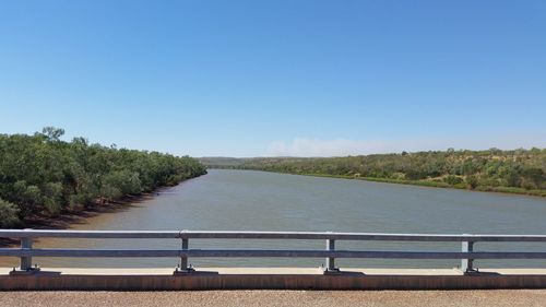 Scenic view of river against clear blue sky