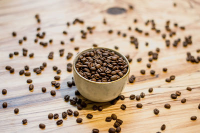 High angle view of coffee beans on table