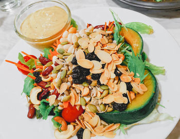 High angle view of fruits in glass on table