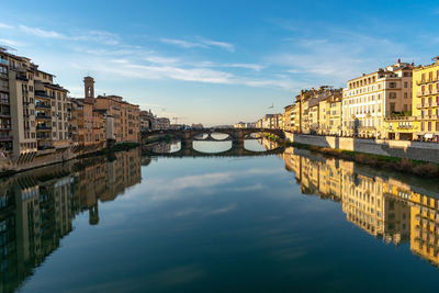 Bridge over river by buildings against sky in city