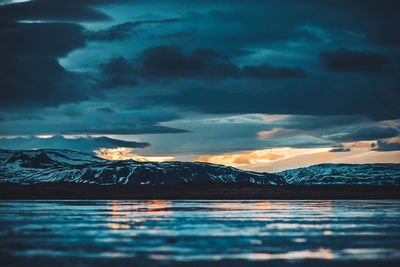 Scenic view of snowcapped mountains against sky during sunset