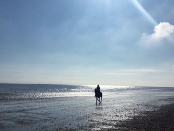 Man walking on beach against sky