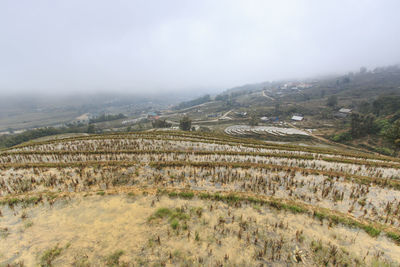 Rice terraces against sky during foggy weather in sapa, vietnam