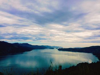 Scenic view of lake against cloudy sky