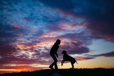 Silhouette men playing with dog on field against sky during sunset