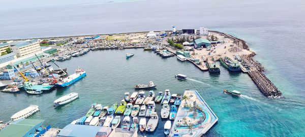 High angle view of boats in sea