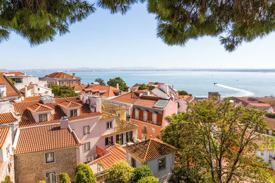 High angle view of townscape by sea against sky