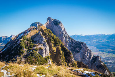 Scenic view of snowcapped mountains against clear blue sky