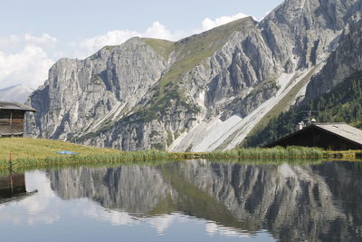 Scenic view of lake and mountains against sky