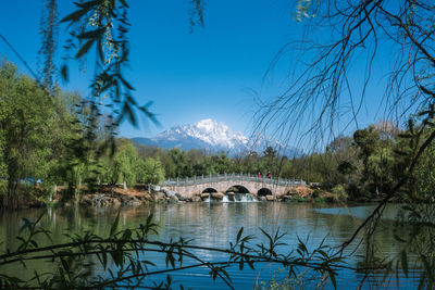 Scenic view of lake against blue sky