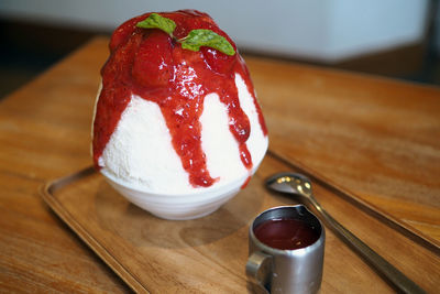 High angle view of strawberry on table