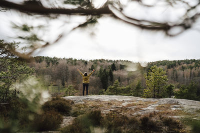 Rear view of female hiker with arms raised standing at mountain