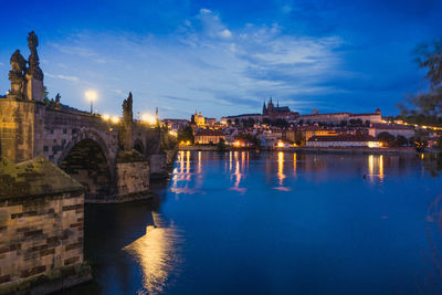 Charles bridge over river against sky during night