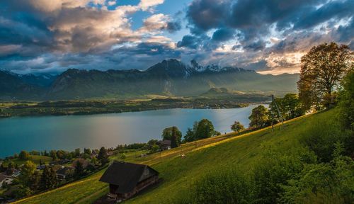 Scenic view of field by lake against sky