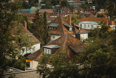 High angle view of houses in town