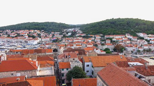 High angle view of townscape against clear sky