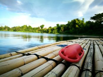 Red buoy on wooden raft at lake