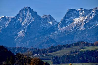 Scenic view of snowcapped mountains against sky