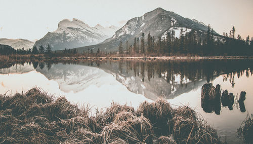 Scenic view of lake and mountains against sky