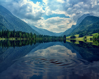 Scenic view of lake and mountains against sky