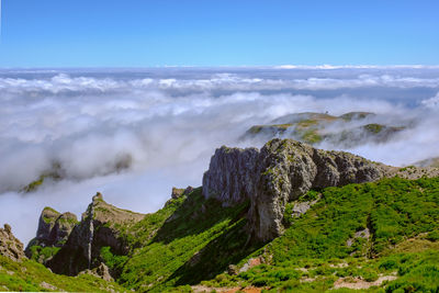 Scenic view of sea and mountains against sky