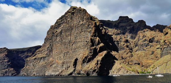 Rock formations by sea against sky