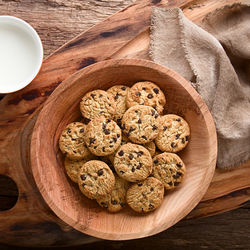 High angle view of cookies in bowl on table