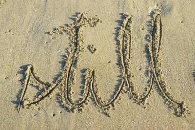 High angle view of text on wet sand