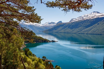 Scenic view of lake and mountains against sky