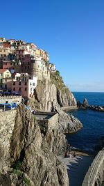 Panoramic view of sea against clear blue sky