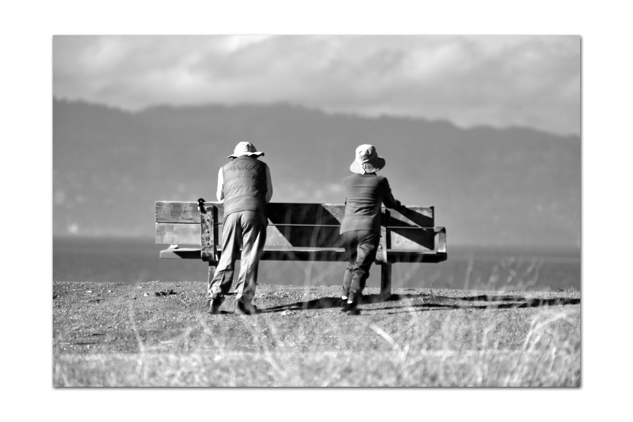 REAR VIEW OF MEN WITH ARMS OUTSTRETCHED AGAINST SKY