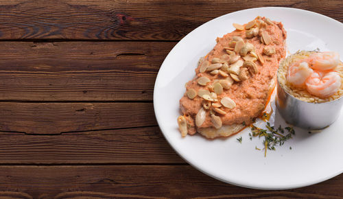 High angle view of breakfast served on table