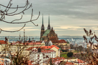 High angle view of townscape against sky in city brno