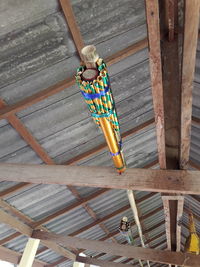 High angle view of clothes hanging on roof