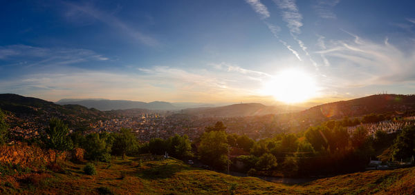 Scenic view of mountains against sky during sunset