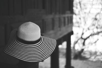 Close-up of hat on metal structure