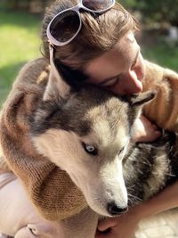 Close-up of woman with dog