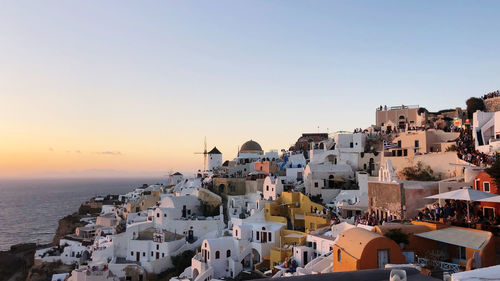 High angle view of townscape against sky during sunset