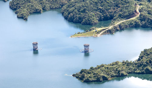 High angle view of boat sailing in river