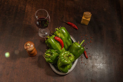 High angle view of chili peppers on table